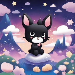 A whimsical illustration of Kuromi, the mischievous Sanrio character, set against a fantastical background