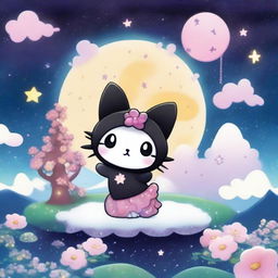 A whimsical illustration of Kuromi, the mischievous Sanrio character, set against a fantastical background