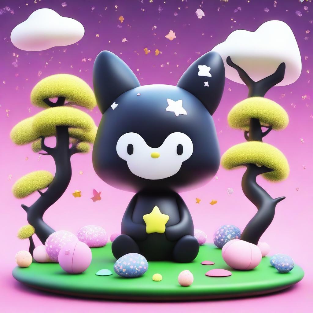 A 3D illustration of Kuromi, the original Sanrio character, set against a fantastical background