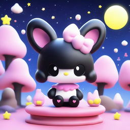 A 3D illustration of Kuromi, the original Sanrio character, set against a fantastical background