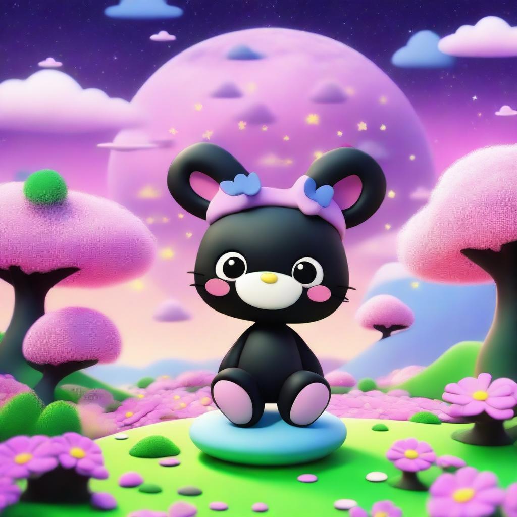 A 3D illustration of Kuromi, the original Sanrio character, set against a fantastical background