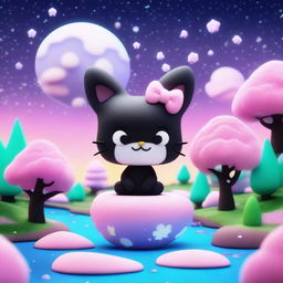 A 3D illustration of Kuromi, the original Sanrio character, set against a fantastical background