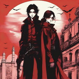 A vampire hunter girl and a vampire boy standing together under a red sky