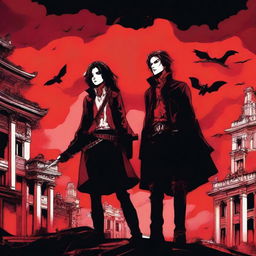 A vampire hunter girl and a vampire boy standing together under a red sky