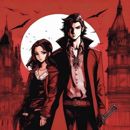 A vampire hunter girl and a vampire boy standing together under a red sky