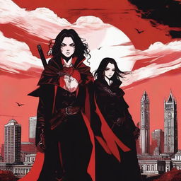 A vampire hunter girl and a vampire boy standing together under a red sky