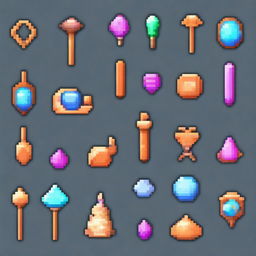 A collection of ancient magical artifacts depicted in pixel art style