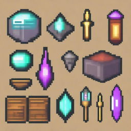 A collection of ancient magical artifacts depicted in pixel art style