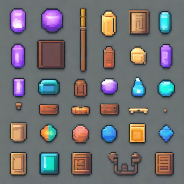 A collection of ancient magical artifacts depicted in pixel art style