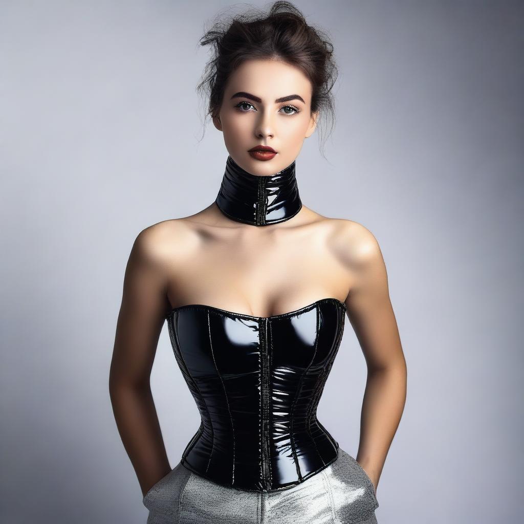 A striking depiction of a young woman wearing a tight, shiny puffer corset