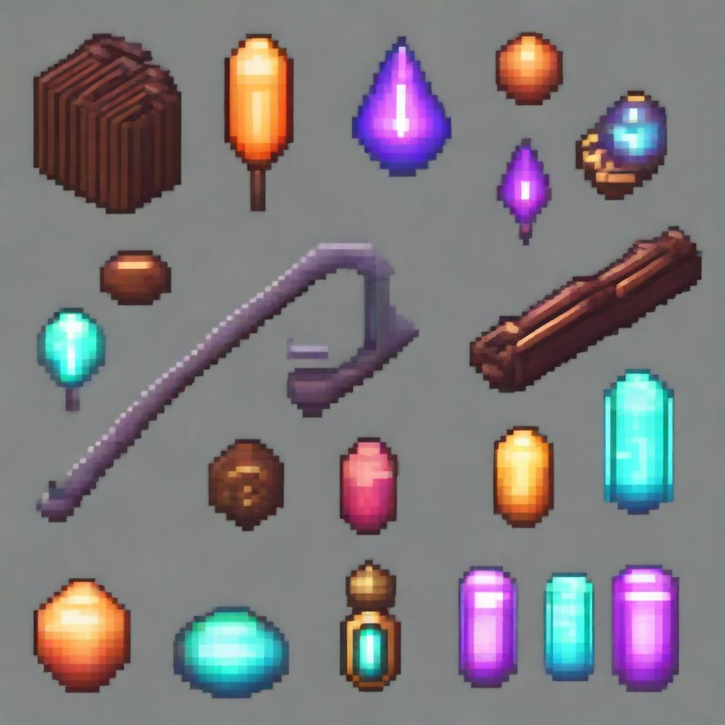 A collection of ancient magical artifacts depicted in a realistic pixel art style