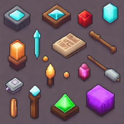 A collection of ancient magical artifacts depicted in a realistic pixel art style