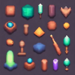 A collection of ancient magical artifacts depicted in a realistic pixel art style