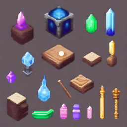 A collection of ancient magical artifacts depicted in a realistic pixel art style