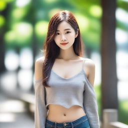 A slender Asian girl with a petite figure, featuring small breasts