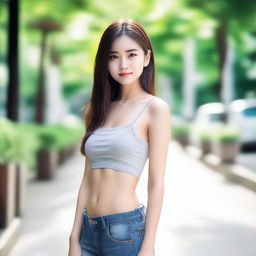 A slender Asian girl with a petite figure, featuring small breasts