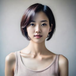 A portrait of a slender Asian girl with very small breasts and short hair