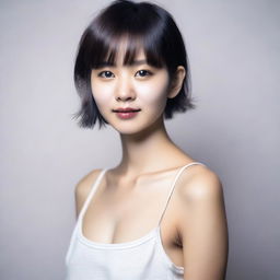 A portrait of a slender Asian girl with very small breasts and short hair