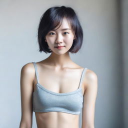 A portrait of a slender Asian girl with very small breasts and short hair