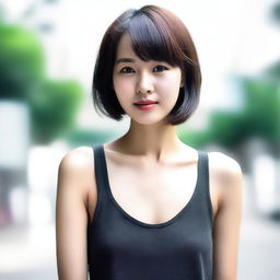 A portrait of a slender Asian girl with very small breasts and short hair