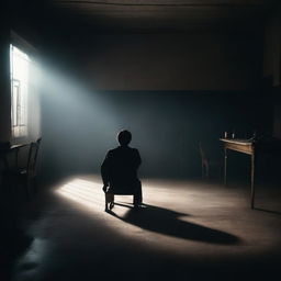 A gloomy picture featuring a person sitting on a chair in the center of the scene