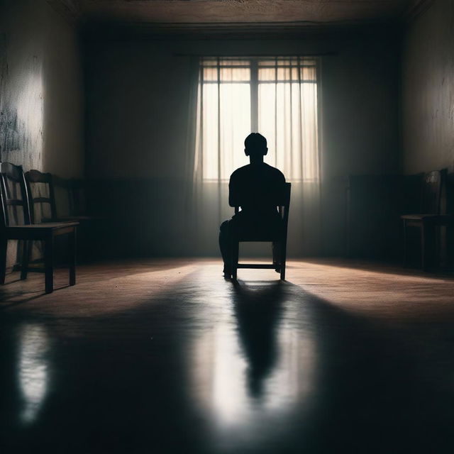 A gloomy picture featuring a person sitting on a chair in the center of the scene