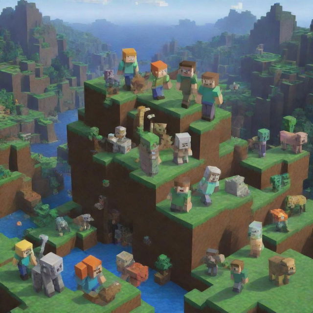 A poster featuring the world of Minecraft, complete with blocky landscapes, pixelated characters like Steve and Alex, antagonists like the Creeper, and various tools and materials.