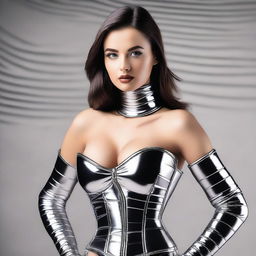 A captivating image of a young woman wearing a tight, shiny puffer corset