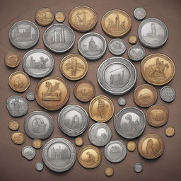 A detailed illustration of various tokens, including gold coins, silver coins, and bronze coins, scattered on a wooden table