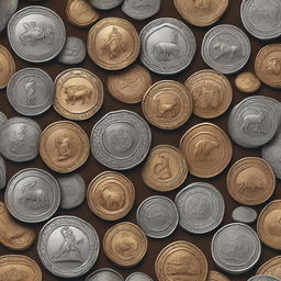 A detailed illustration of various tokens, including gold coins, silver coins, and bronze coins, scattered on a wooden table