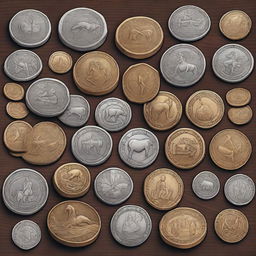 A detailed illustration of various tokens, including gold coins, silver coins, and bronze coins, scattered on a wooden table
