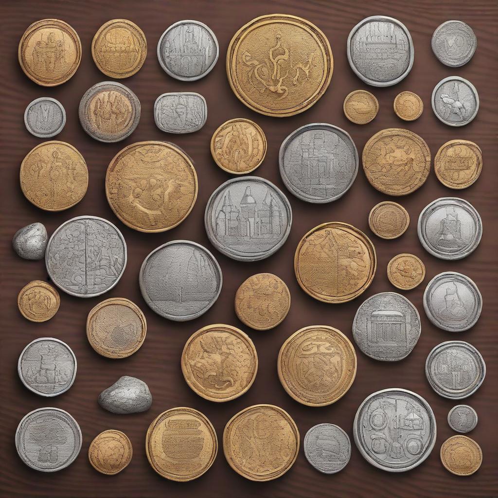 A detailed illustration of various tokens, including gold coins, silver coins, and bronze coins, scattered on a wooden table