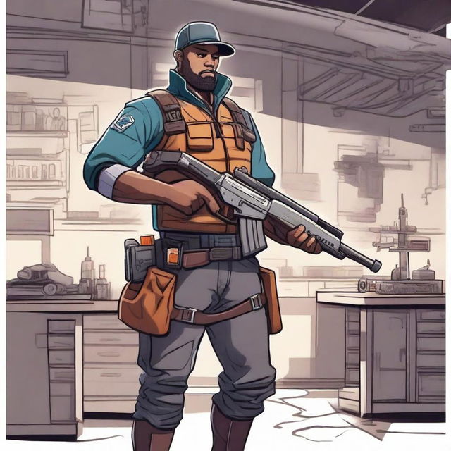 A detailed illustration of a tokens engineer holding a shotgun, wearing a rugged outfit with utility belts and tools