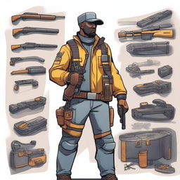 A detailed illustration of a tokens engineer holding a shotgun, wearing a rugged outfit with utility belts and tools