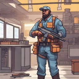 A detailed illustration of a tokens engineer holding a shotgun, wearing a rugged outfit with utility belts and tools