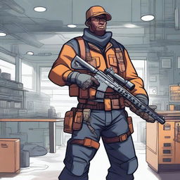 A detailed illustration of a tokens engineer holding a shotgun, wearing a rugged outfit with utility belts and tools