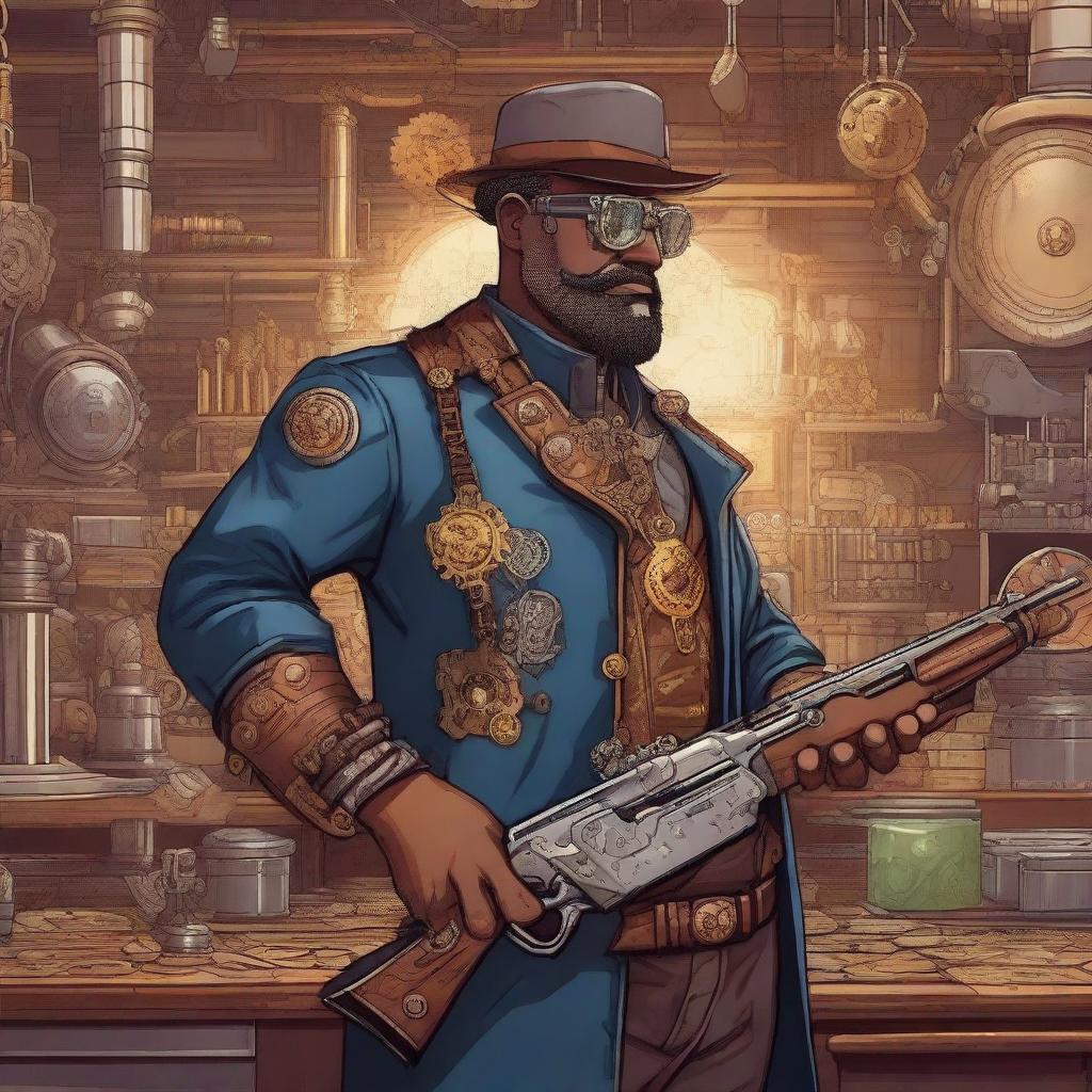 A detailed illustration of a coin engineer holding a shotgun