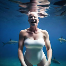 A bald female is in the process of transforming into a great white shark underwater