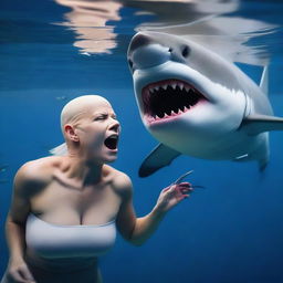 A bald female is in the process of transforming into a great white shark underwater