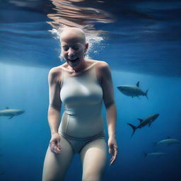 A bald female is in the process of transforming into a great white shark underwater