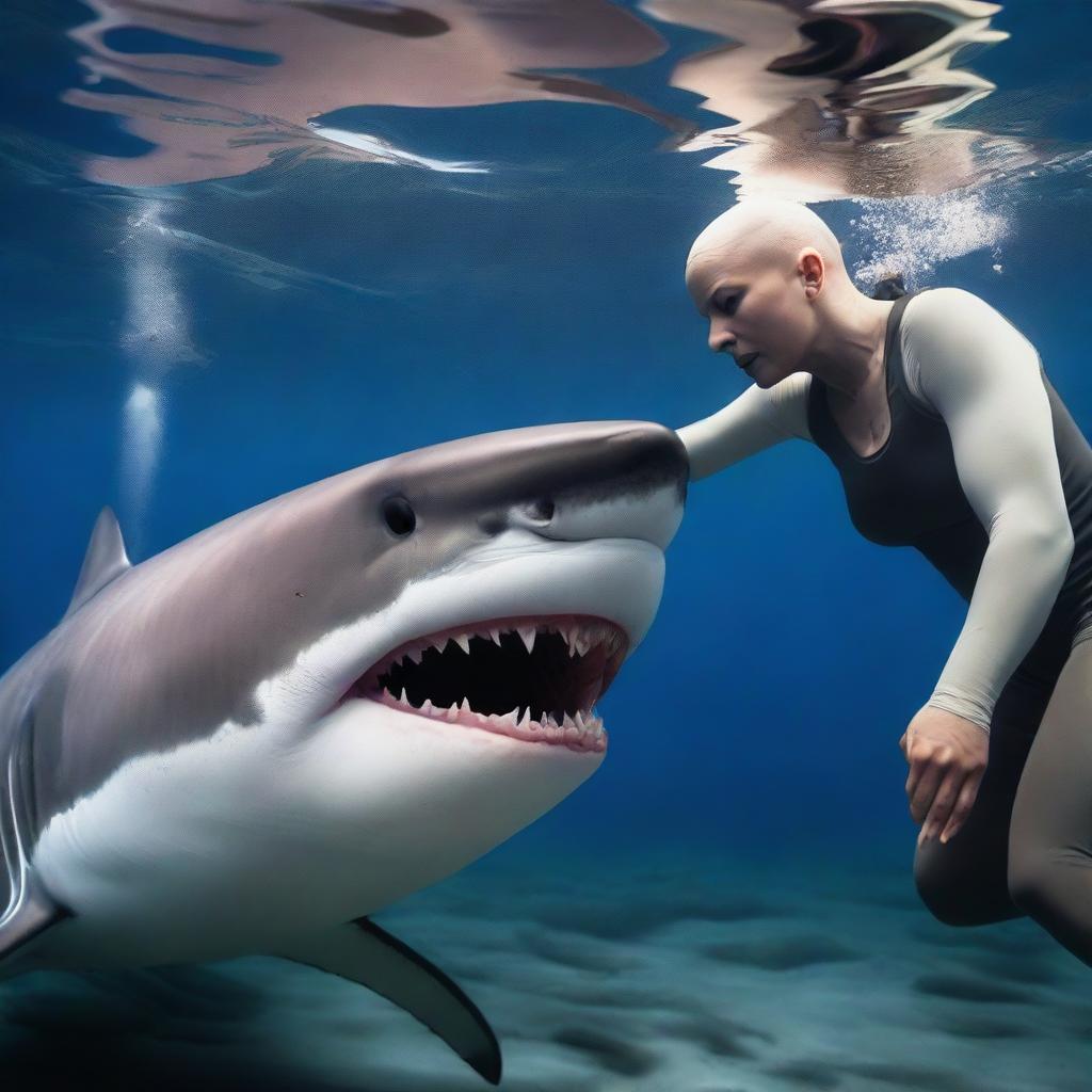 A bald female is in the process of transforming into a great white shark underwater