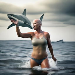 A bald female is physically transforming into a great white shark