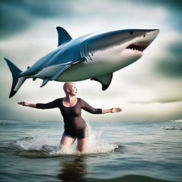 A bald female is physically transforming into a great white shark