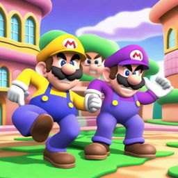 Wario and Waluigi are playfully bullying Luigi in a comical scene