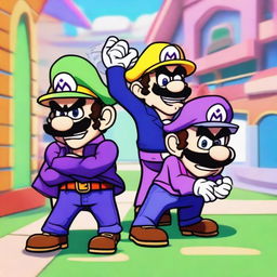 Wario and Waluigi are playfully bullying Luigi in a comical scene