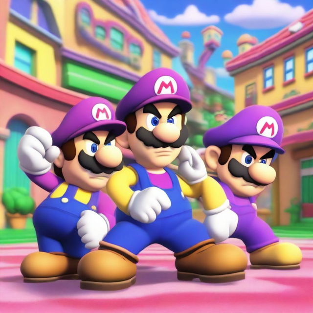 Wario and Waluigi are playfully bullying Luigi in a comical scene