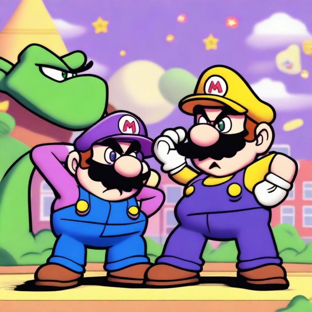 Draw Wario and Waluigi playfully bullying Luigi in a cartoonish style