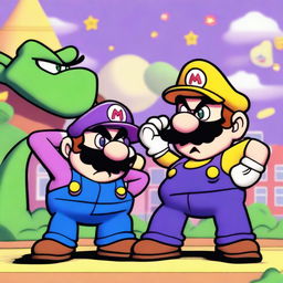 Draw Wario and Waluigi playfully bullying Luigi in a cartoonish style