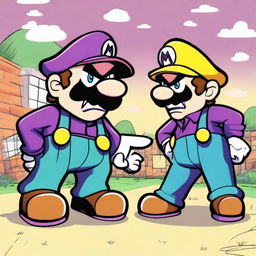 Draw Wario and Waluigi playfully bullying Luigi in a cartoonish style