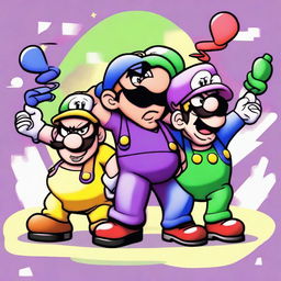 Draw Wario and Waluigi playfully bullying Luigi in a cartoonish style